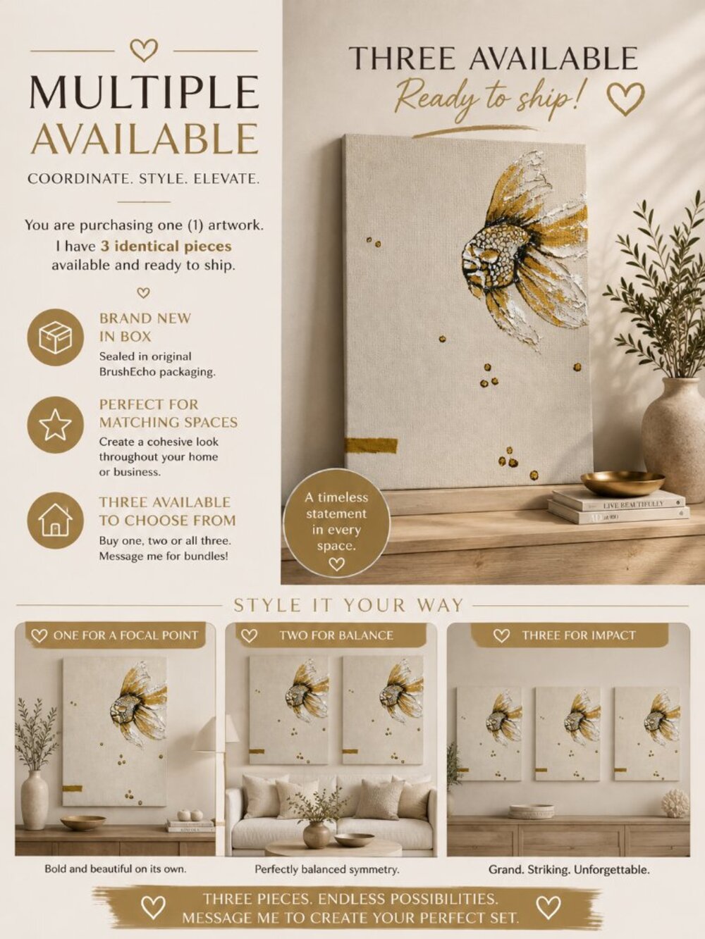 BrushEcho Gold Fish Textured Canvas Wall Art Cream Gold New in Box - Picture 5 of 6